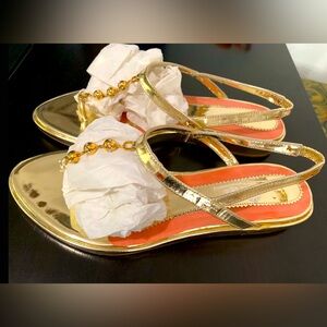 Gold and coral pink sandals with diamond and metal hardware strap